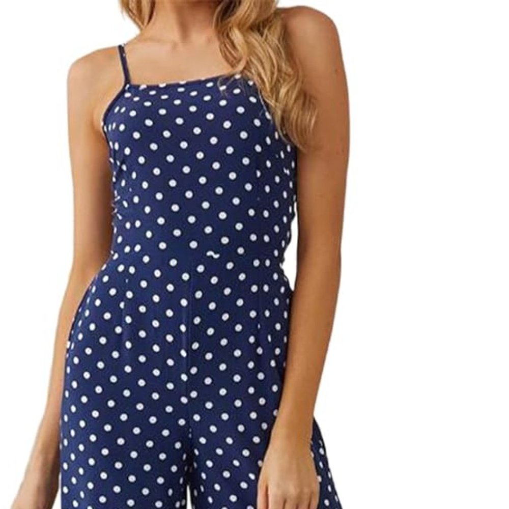 Blue Polka Dot Bandage Waist, Wide Leg Pants Romper, Adjustable Strapes